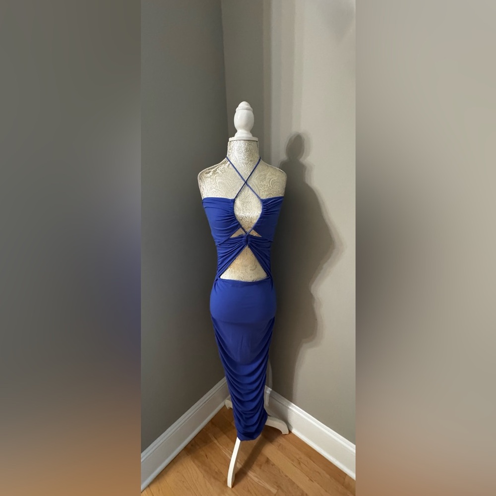 NA-KD Cut Out Halter Rouched Slinky Midi Dress  Size XXS